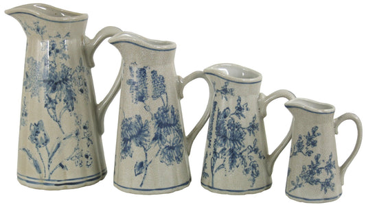 Set of 4 Ceramic Jugs, Vintage Blue & White Magnolia Design