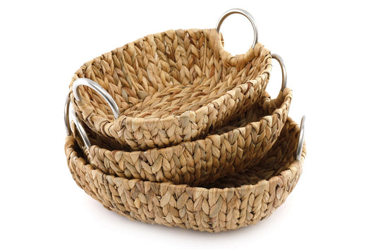 Set of 3 Oval Raffia Natural Baskets With Metal Handles