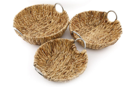 Set of 3 Round Raffia Natural Baskets With Metal Handles