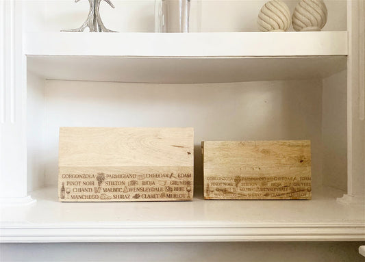 Set Of Two Engraved Cheese & Wine Word Crates