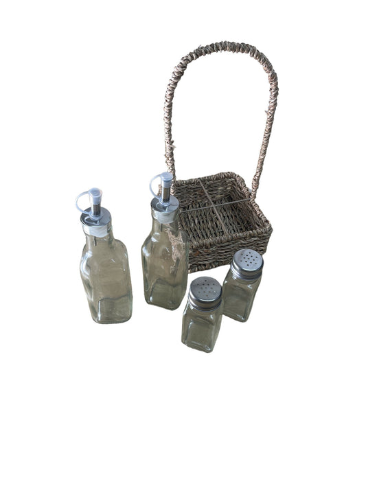 Oils and Cruet Set With Seagrass Holder 30cm