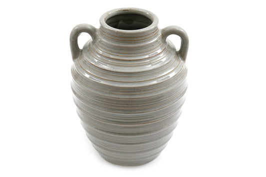 Ceramic Grey Ribbed Vase With Handles 25cm